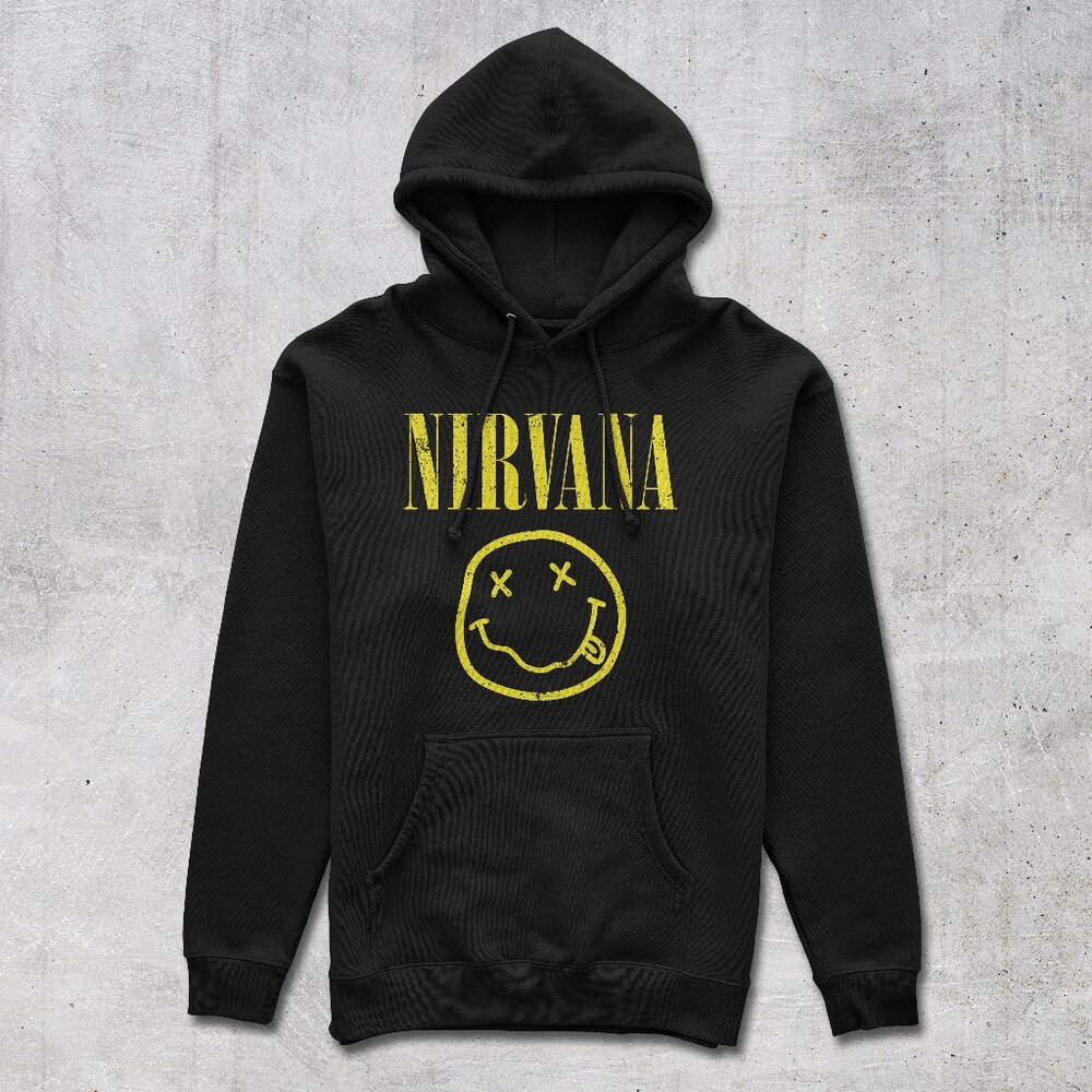 Nirvana Kapuzenpullover Mit Smiley Print | Herren Hoodie In Charcoal | Musik Merchandise Pullover